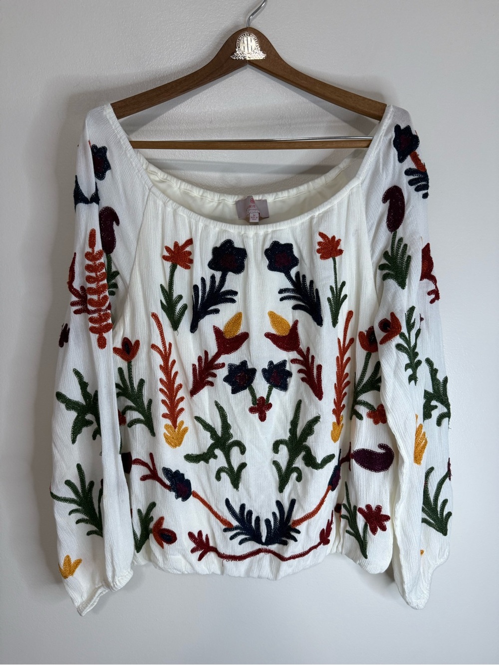 Laurie Felt Boho Embroidered White Peasant top Multicolor Floral size medium - Picture 2 of 13